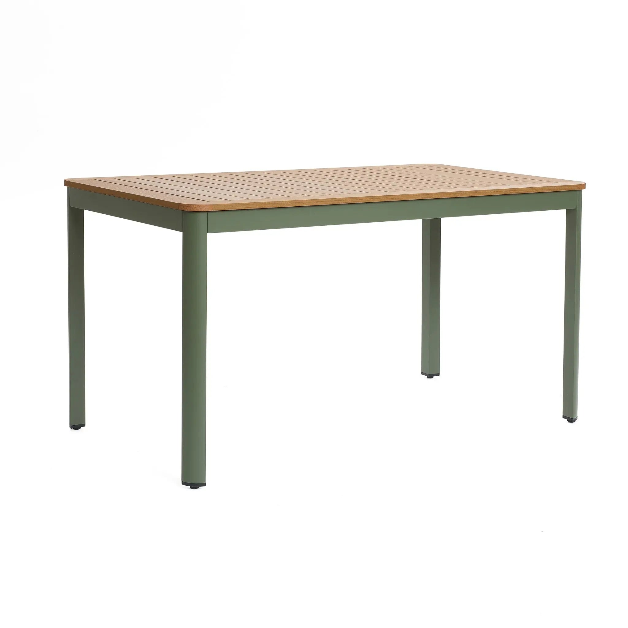 A rectangular table with a wooden top and green metal legs sits on a white background, featuring a durable aluminum alloy frame for lasting stability.