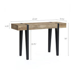This modern farmhouse console table features high-quality manufactured wood with an oak finish, black legs, and measures 47.43 wide, 15.75 deep, and 30 high; tabletop thickness is 4.25, leg height is 25.75.