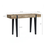 This modern farmhouse console table features high-quality manufactured wood with an oak finish, black legs, and measures 47.43 wide, 15.75 deep, and 30 high; tabletop thickness is 4.25, leg height is 25.75.