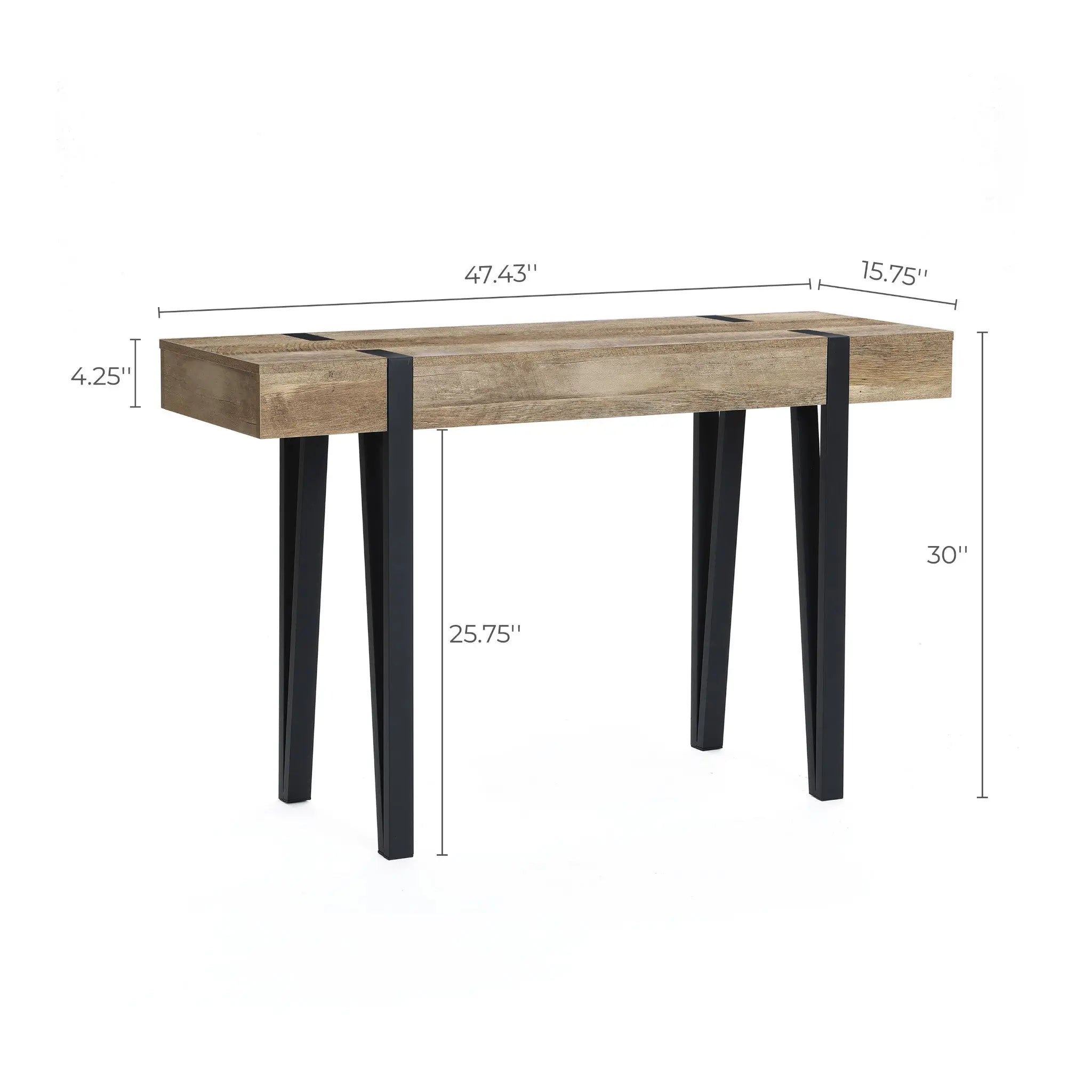 This modern farmhouse console table features high-quality manufactured wood with an oak finish, black legs, and measures 47.43 wide, 15.75 deep, and 30 high; tabletop thickness is 4.25, leg height is 25.75.