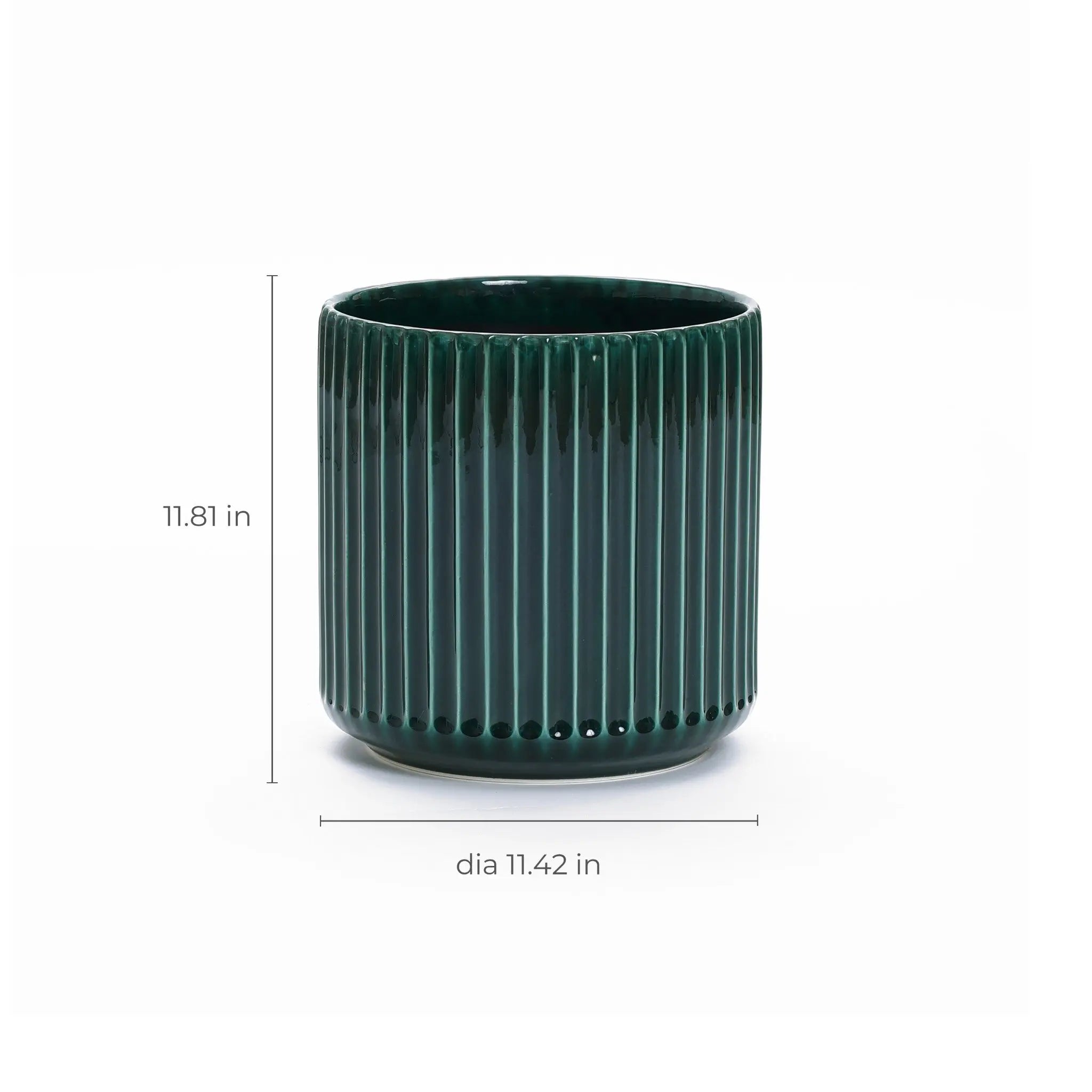 The LuxenHome Jade green ribbed glazed round ceramic planter offers a modern, sleek design with vertical ribs. It stands 11.81 inches tall and has an 11.42-inch diameter, featuring a drainage hole for optimal plant care—an ideal addition to your plant collection.