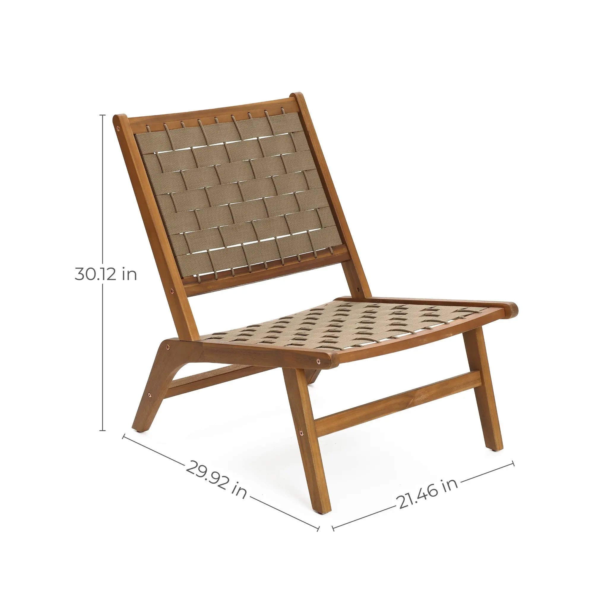 This outdoor lounge chair, made of durable Acacia wood, features a woven seat and backrest. Dimensions: Height 30.12 inches, depth 29.92 inches, width 21.46 inches. Perfect for your garden oasis!.