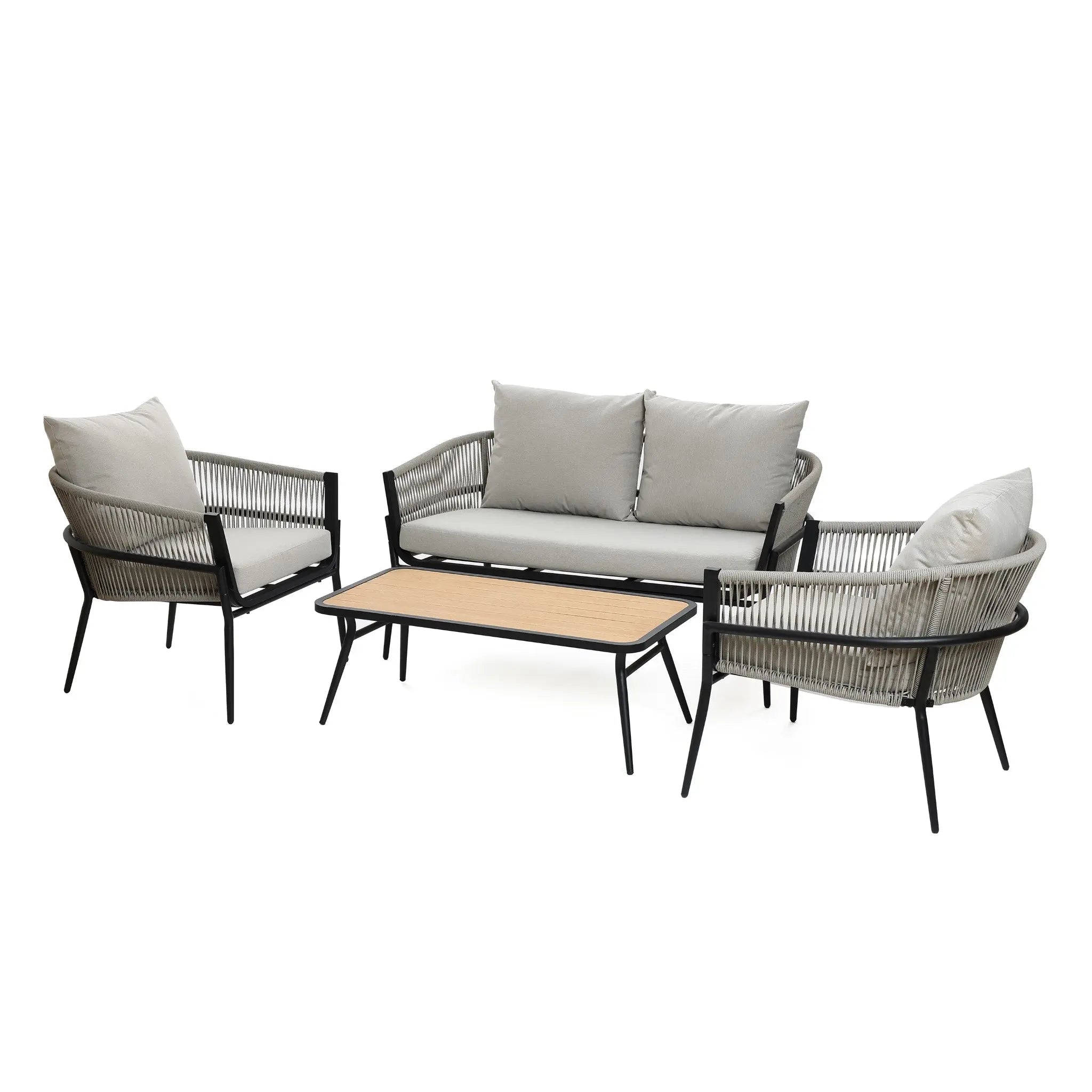 This patio furniture set features two armchairs, a loveseat, and a wooden coffee table. The outdoor aluminum rattan sofa includes light gray olefin fabric cushions, while the black frames boast elegant woven detailing.