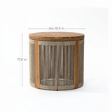 This drum-shaped round end table features a wooden top crafted from natural acacia wood and sides adorned with hand-woven rope. Its dimensions are 17.6 inches high and 18.9 inches in diameter, making it a versatile addition to any room.