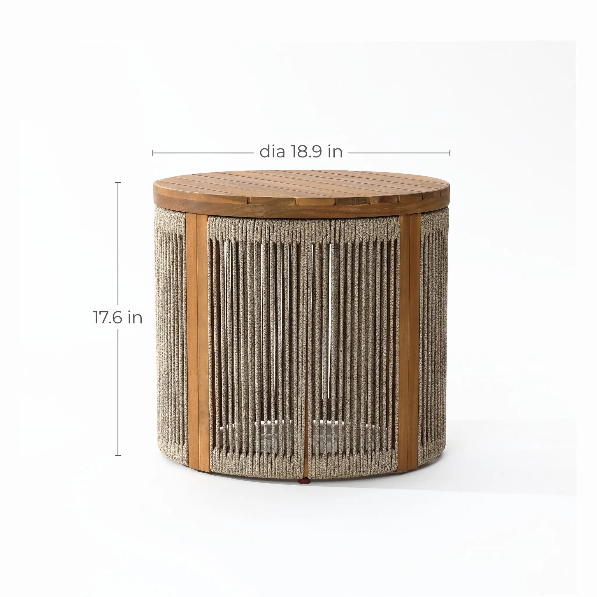 This drum-shaped round end table features a wooden top crafted from natural acacia wood and sides adorned with hand-woven rope. Its dimensions are 17.6 inches high and 18.9 inches in diameter, making it a versatile addition to any room.