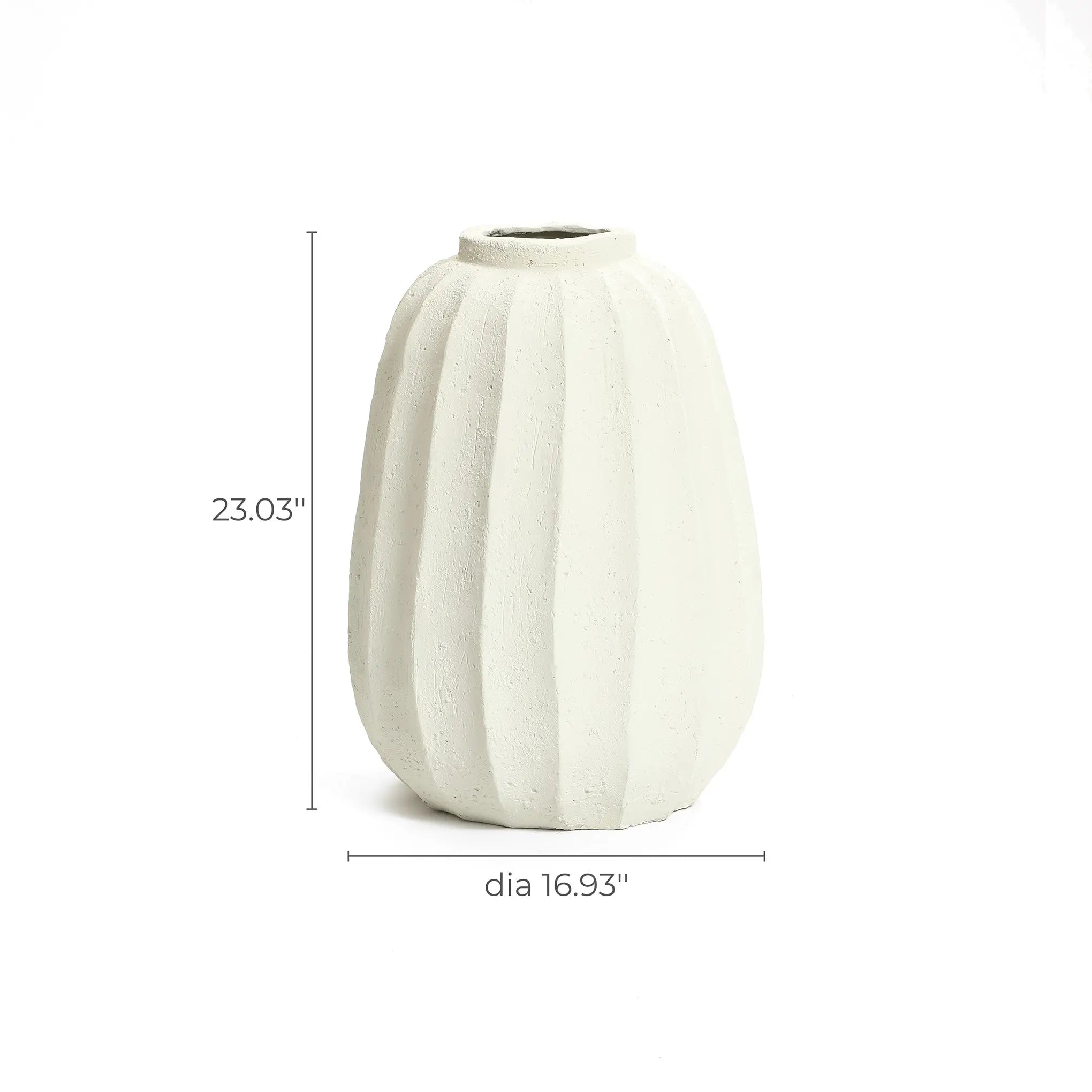 This modern white vase serves as an artistic centerpiece with its sleek, ribbed design. Standing 23.03 inches tall and boasting a 16.93-inch diameter, its a perfect minimalist home decor accent.