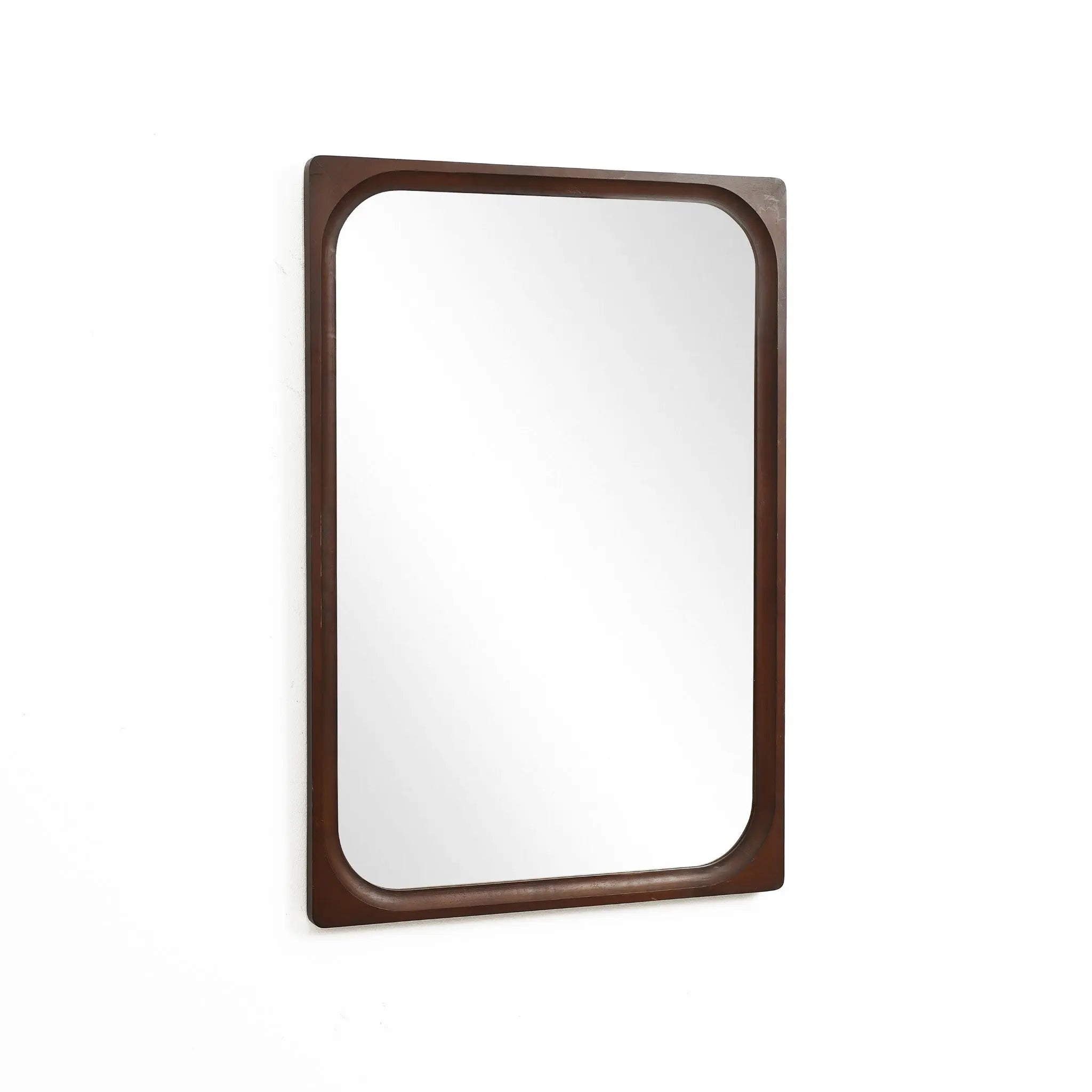 Rectangular wall mirror featuring a rubberwood frame, elegantly mounted on a white wall, perfect for enhancing any home decor.