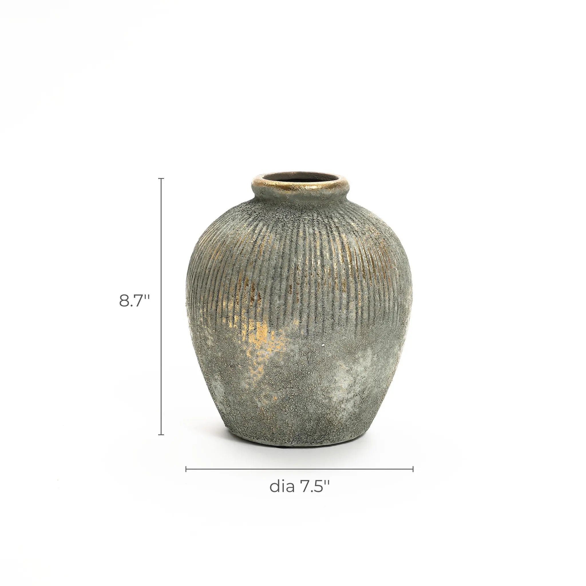 The LuxenHome rustic gold and brown terracotta bud vase, at 8.7 inches high, features vertical grooves and an antique distressed look, making it a perfect addition to any home decor against a plain white background.