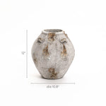 A weathered gray ceramic vase, handcrafted in a vintage style, stands 12 inches tall and 10.8 inches in diameter on a plain white background, serving as versatile home decor for any setting.