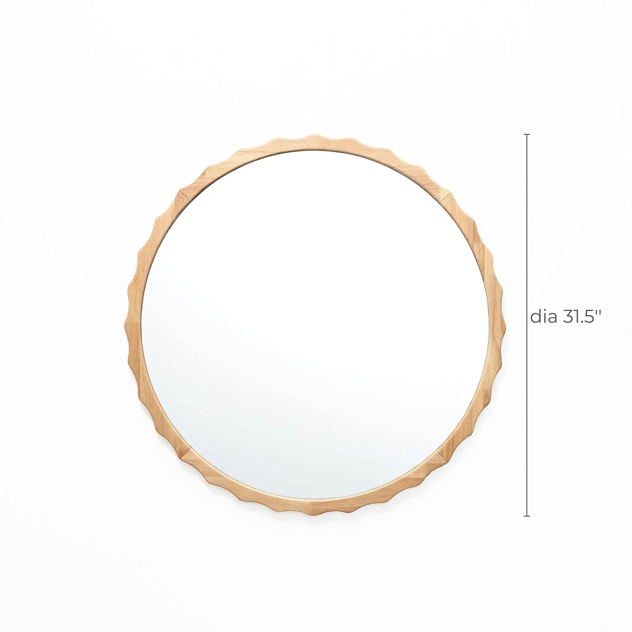 Round mirror featuring a scalloped design carved from rubberwood, with a diameter of 31.5 inches, set against a plain white background.