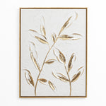 A high-end art piece, this textured artwork showcases a branch with leaves in gold and white on a cream background. The elegant gold leaf motif is perfectly framed in gold, adding a touch of modern wall decor to any space.