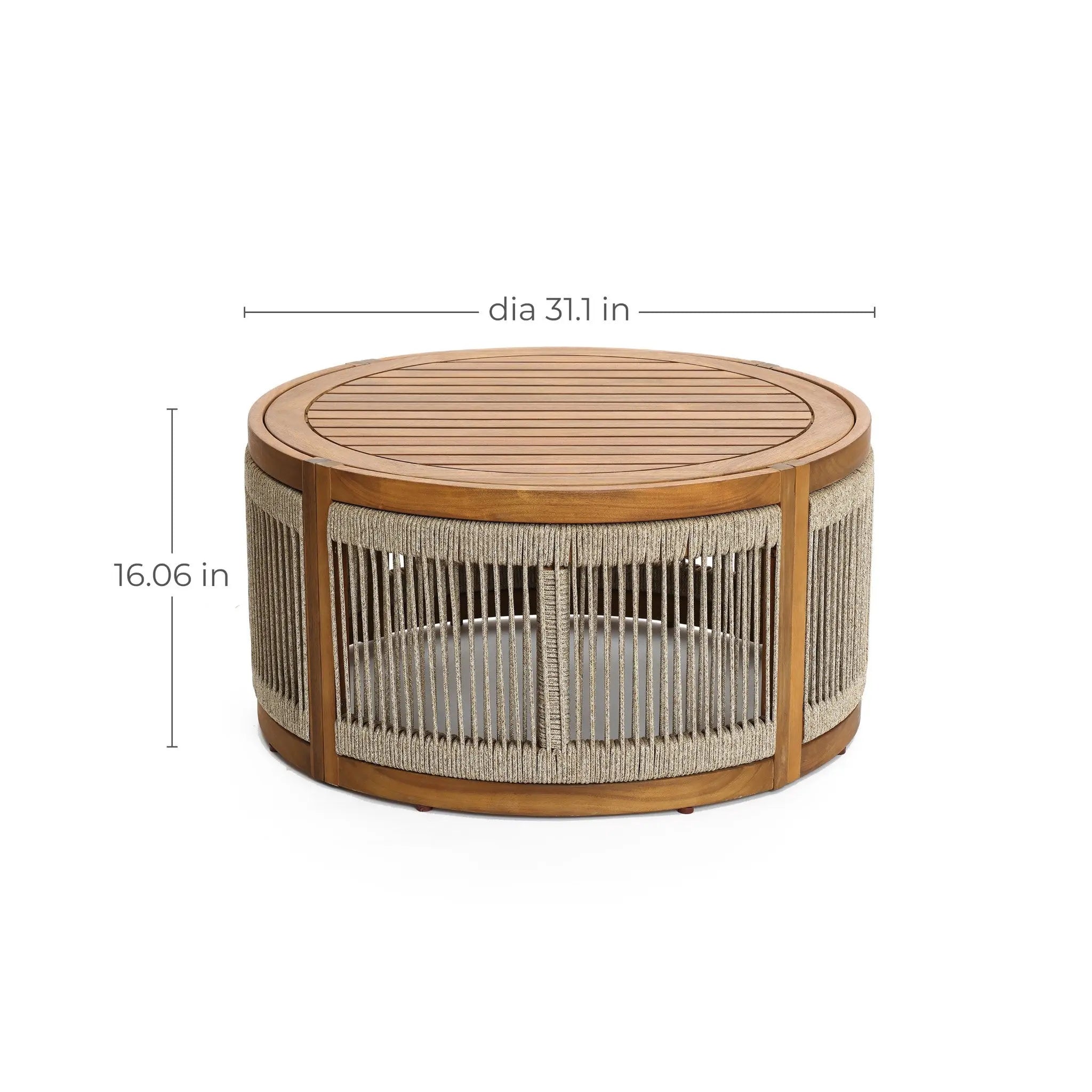 This round coffee table, crafted from acacia wood, features a slatted top and hand-woven rope-wrapped sides. Suitable for both indoor and outdoor spaces, it measures 31.1 inches in diameter and 16.06 inches in height.