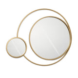 Two wall mirrors with golden frames, one larger and one smaller, are connected by a thin gold band, creating an abstract, overlapping design that exudes modern elegance.