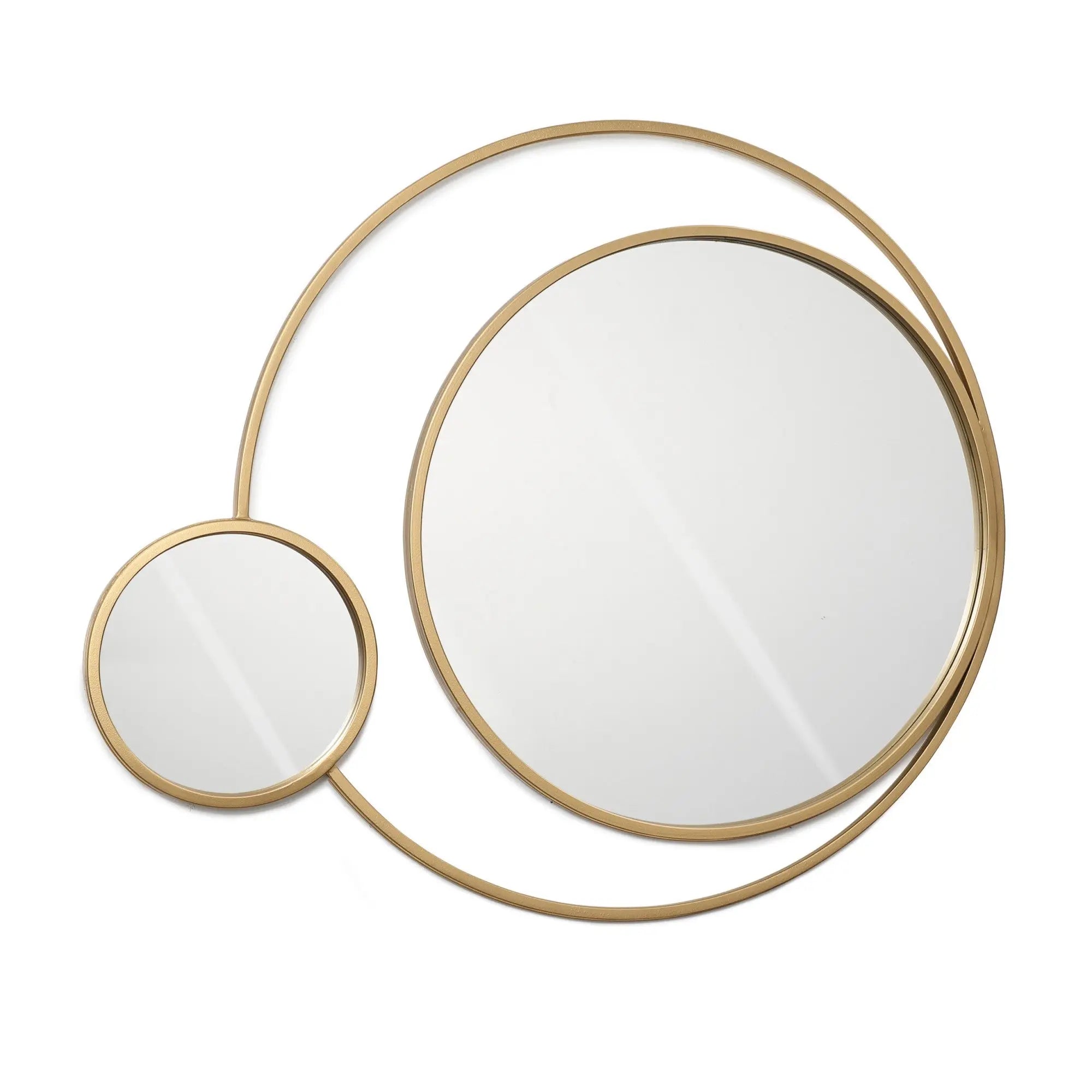 Two wall mirrors with golden frames, one larger and one smaller, are connected by a thin gold band, creating an abstract, overlapping design that exudes modern elegance.