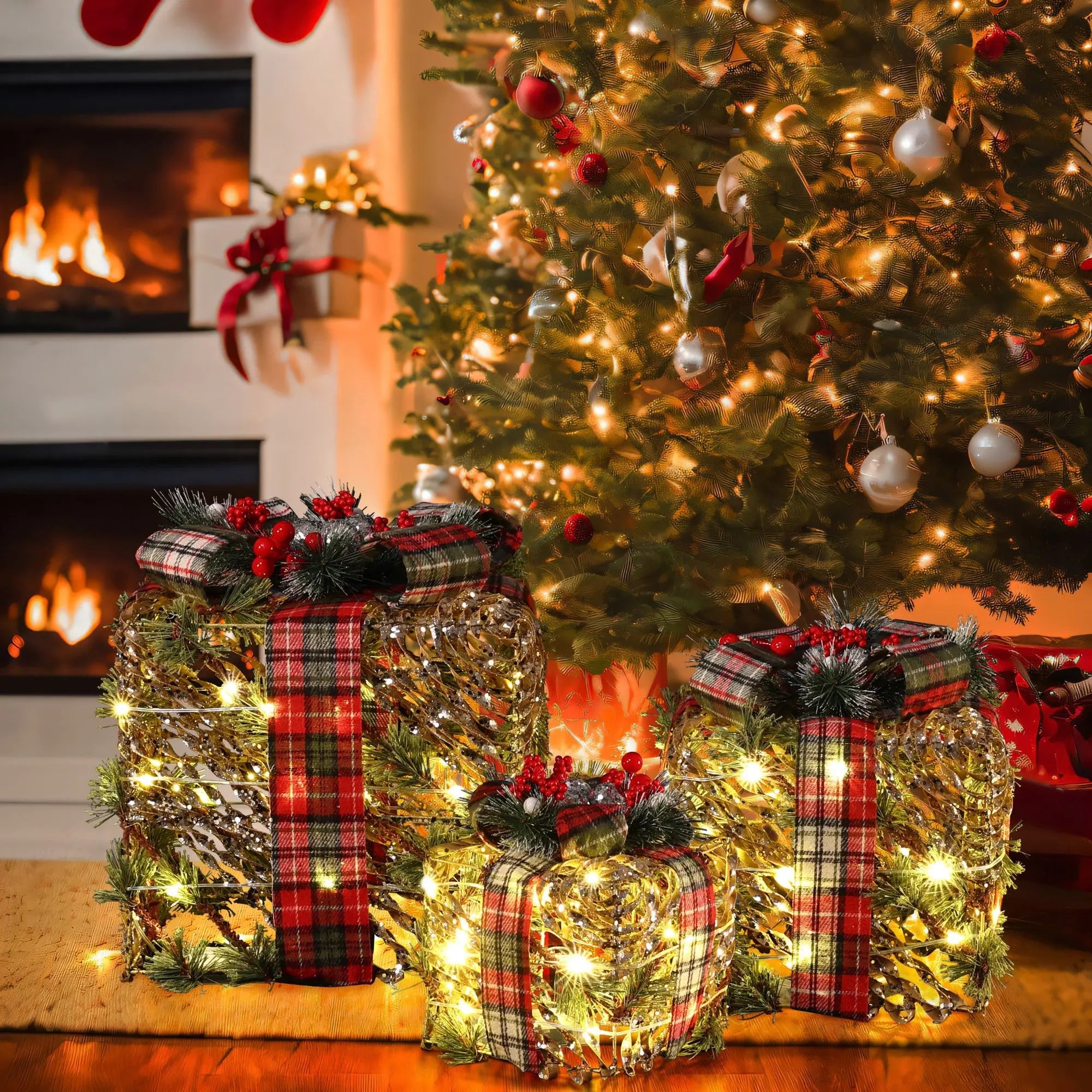 Artificial pine branches giftbox, battery-powered, set of 3 - LuxenHome
