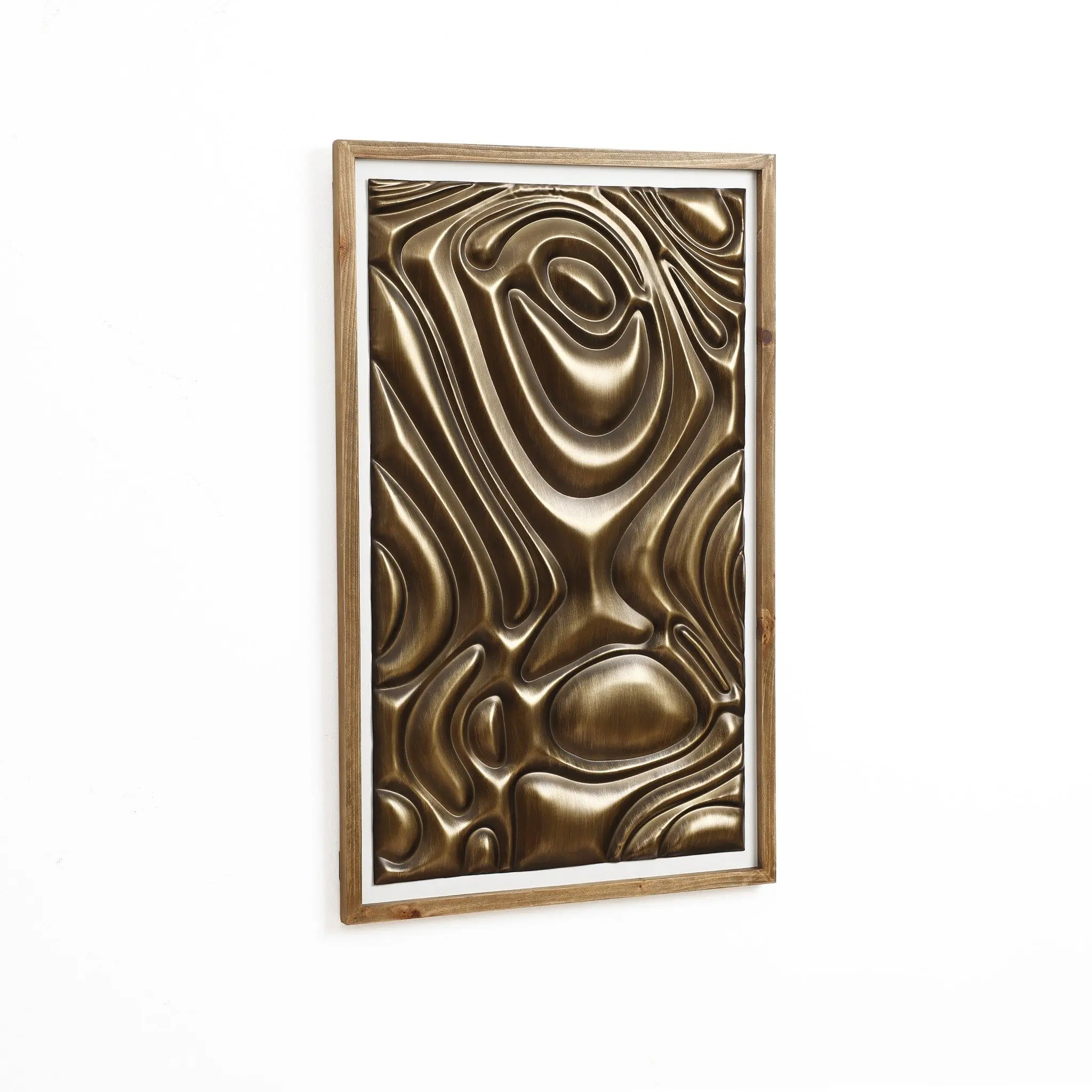 A stunning 3D abstract design featuring a swirling bronze pattern adorns the white wall, embodying modern home decor elegance.