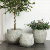 Three textured plant pots, including the Rustic Multi-Color Cement 18.3-Inch Round Planter by LuxenHome, are against a white wooden wall. The largest has a small tree, the medium one with flowers, and the smallest is empty on a dark gray floor.