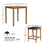 Illustration of an FSC-certified acacia wood, counter height dining table and stool with dimensions. Table: 33.46W x 33.46D x 37.8H; Stool: 19.69W x 19.69D x 25.59H, perfect for outdoor gatherings. Includes image of one table and four stools.