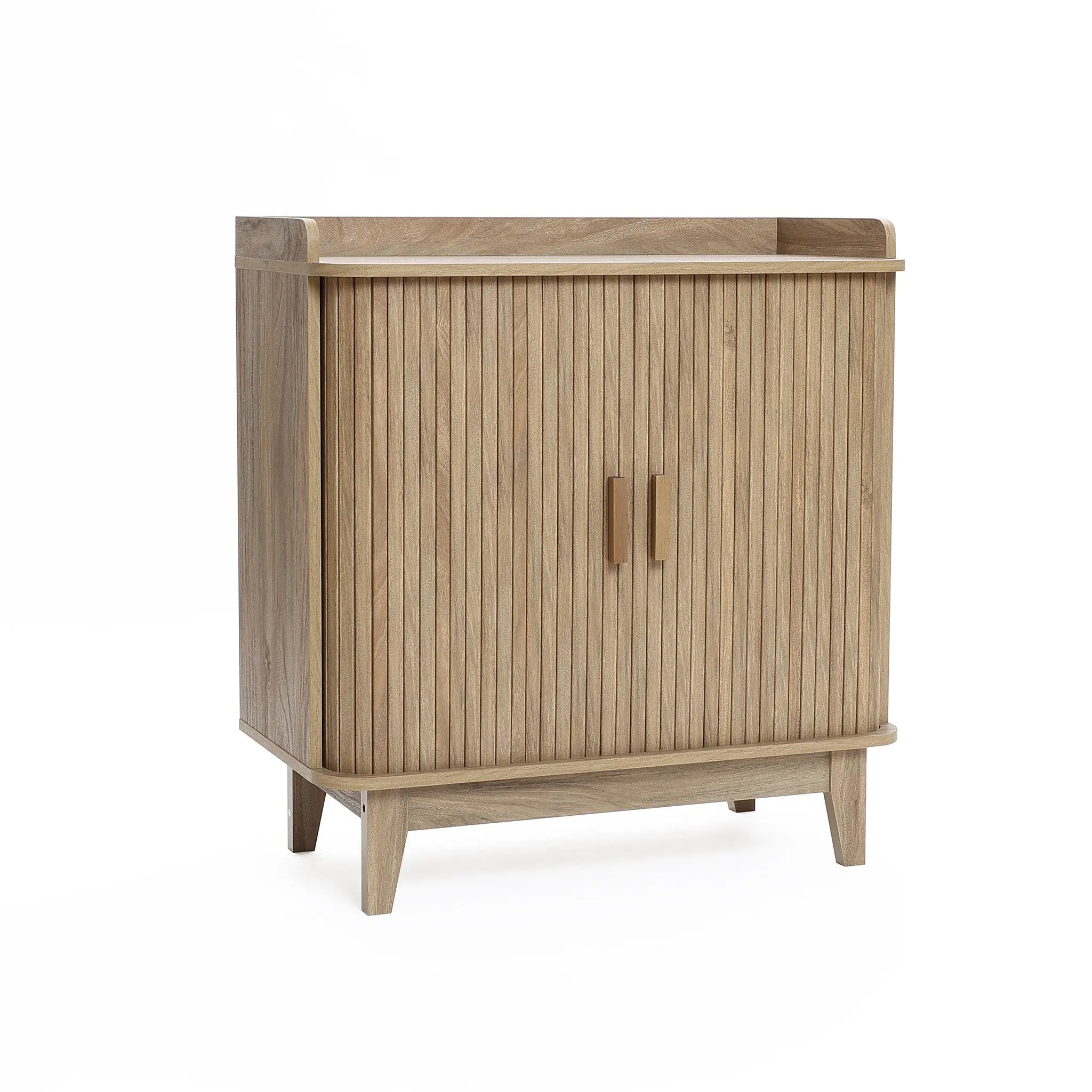 Fluted tambour door oak finish storage cabinet with tray top - LuxenHome