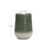 A green ceramic planter featuring horizontal ridges, crafted to resemble high-density resin. Measuring 19.88 inches in height and 15.35 inches in diameter, it offers a stylish way to display your plants indoors or out.