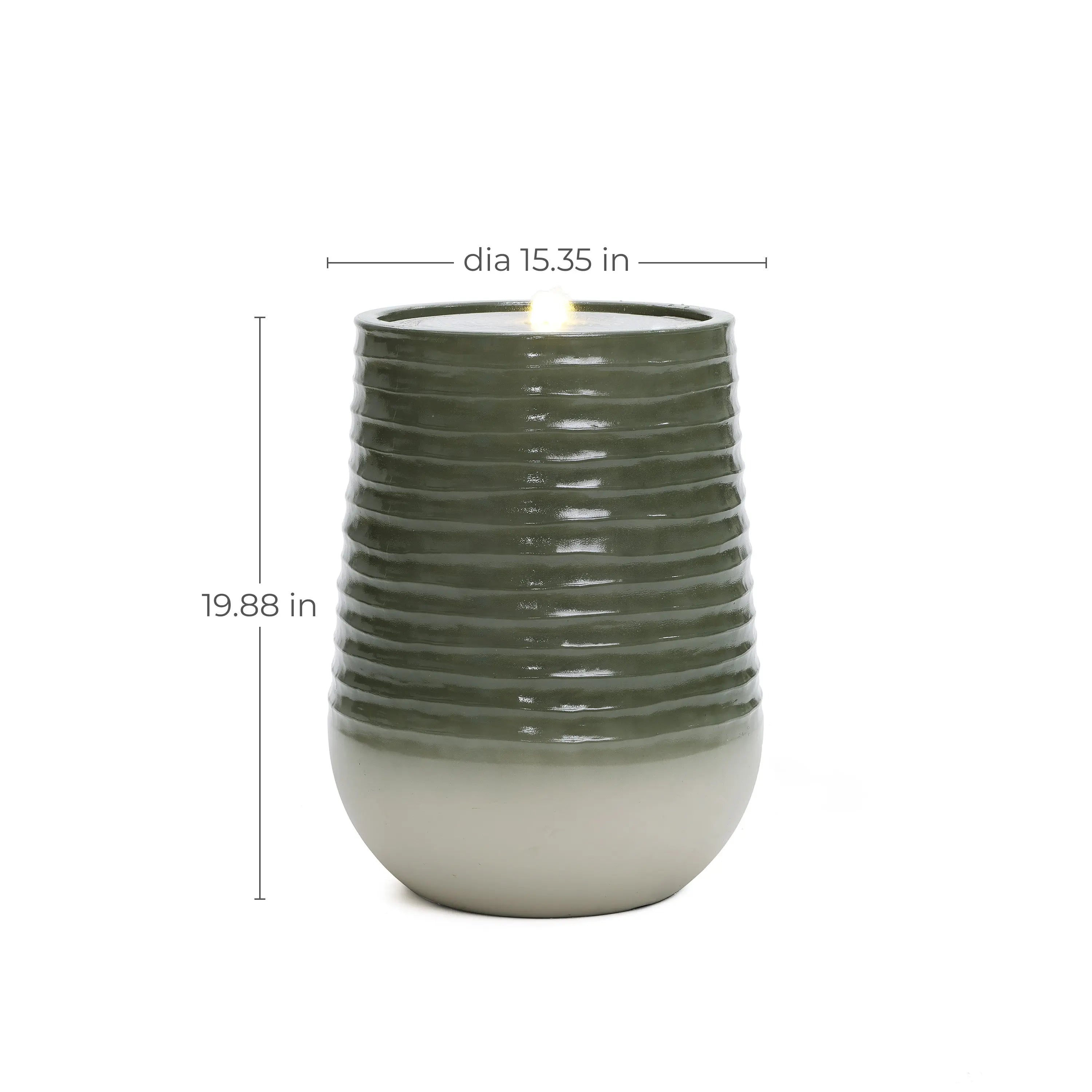 A green ceramic planter featuring horizontal ridges, crafted to resemble high-density resin. Measuring 19.88 inches in height and 15.35 inches in diameter, it offers a stylish way to display your plants indoors or out.