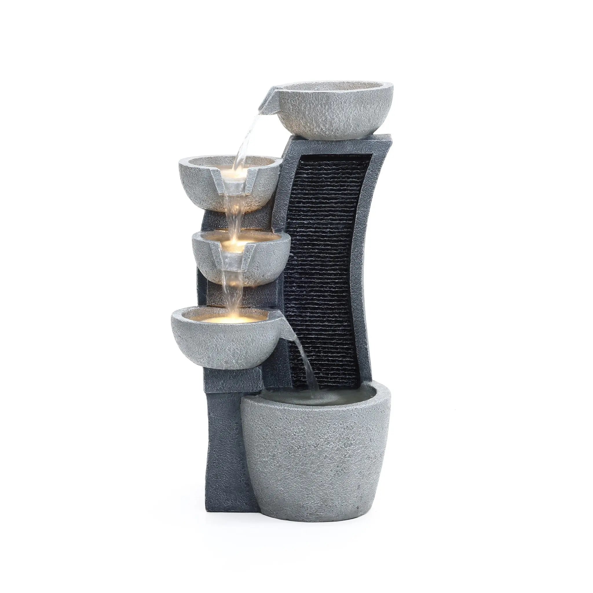 Modern cascading resin outdoor water fountain with LED lights - LuxenHome