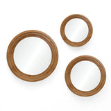Three round mirrors with rubberwood frames create an optical illusion as they are mounted on a white wall.