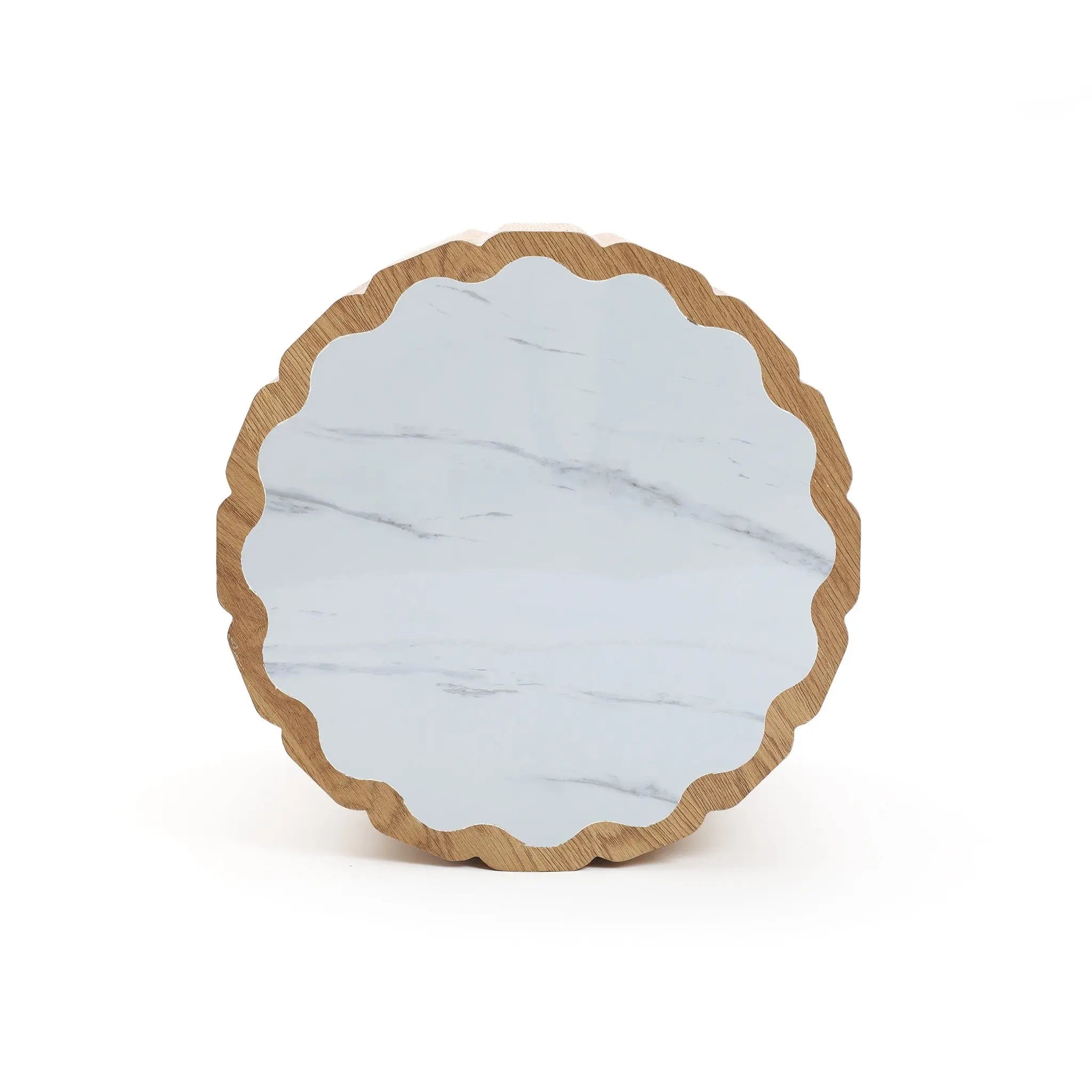 Marko wood grain round end table with faux marble top - LuxenHome