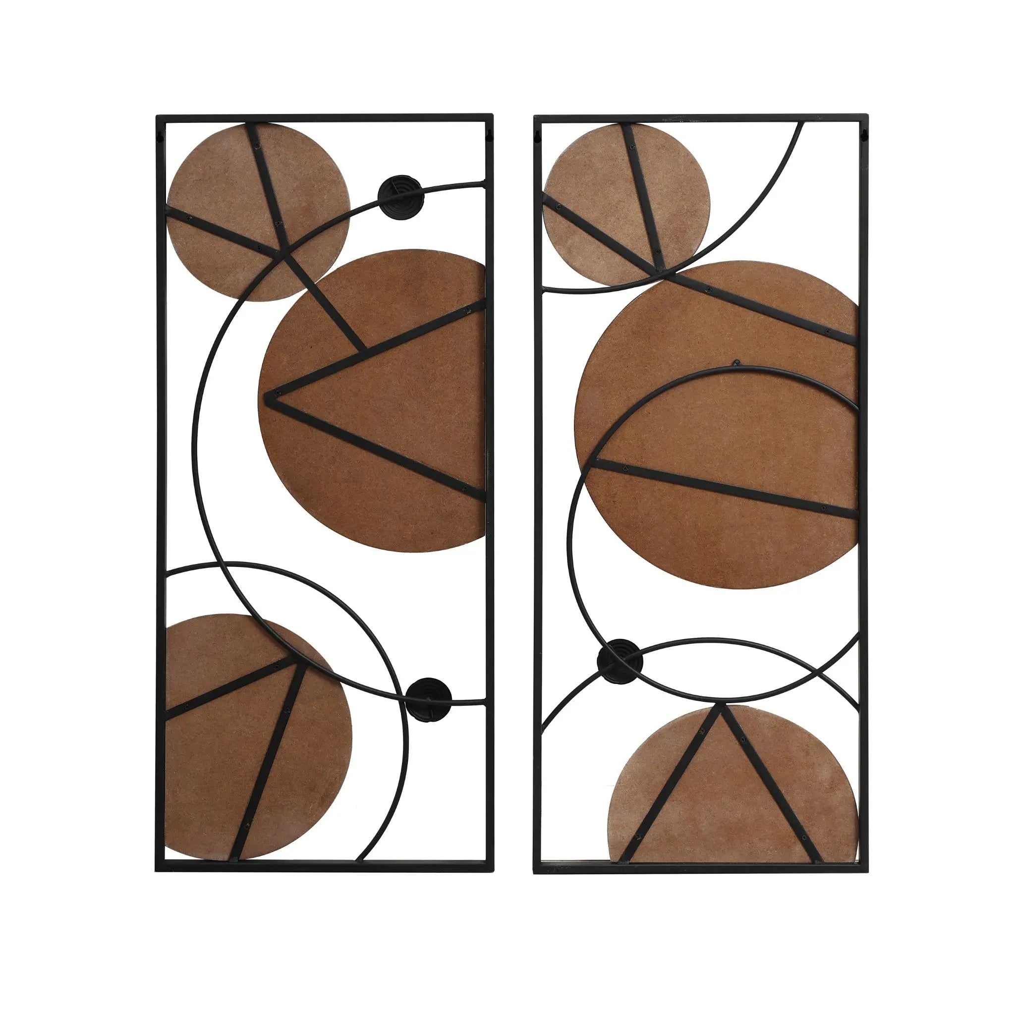 This modern abstract wall decor features a two-piece set of rectangular metal panels adorned with intersecting black lines and striking brown circular and triangular shapes, artfully blended with touches of black, white, and gold.