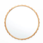 Round mirror with a scalloped rubberwood frame against a white background.