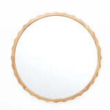 Round mirror with a scalloped rubberwood frame against a white background.