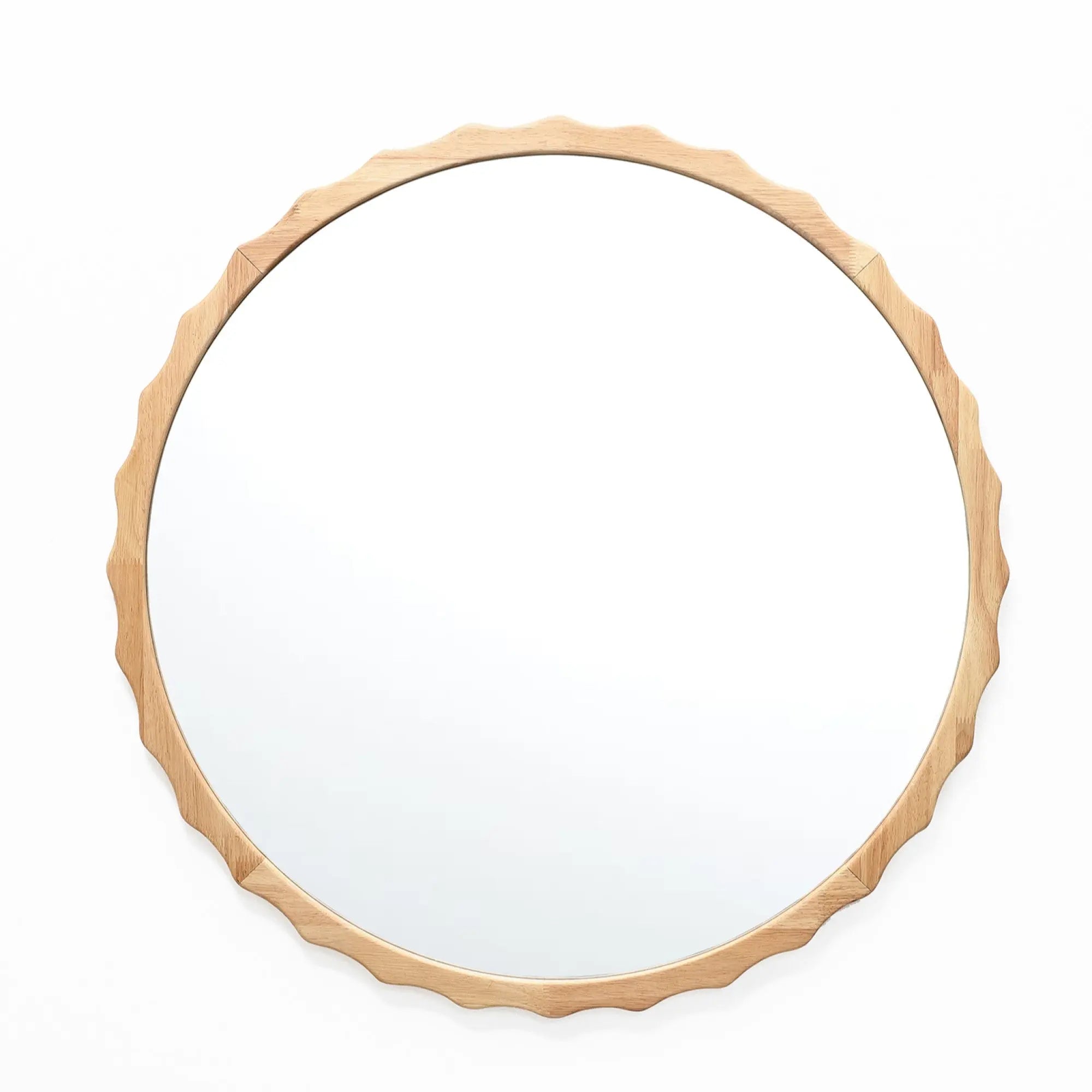 Round mirror with a scalloped rubberwood frame against a white background.