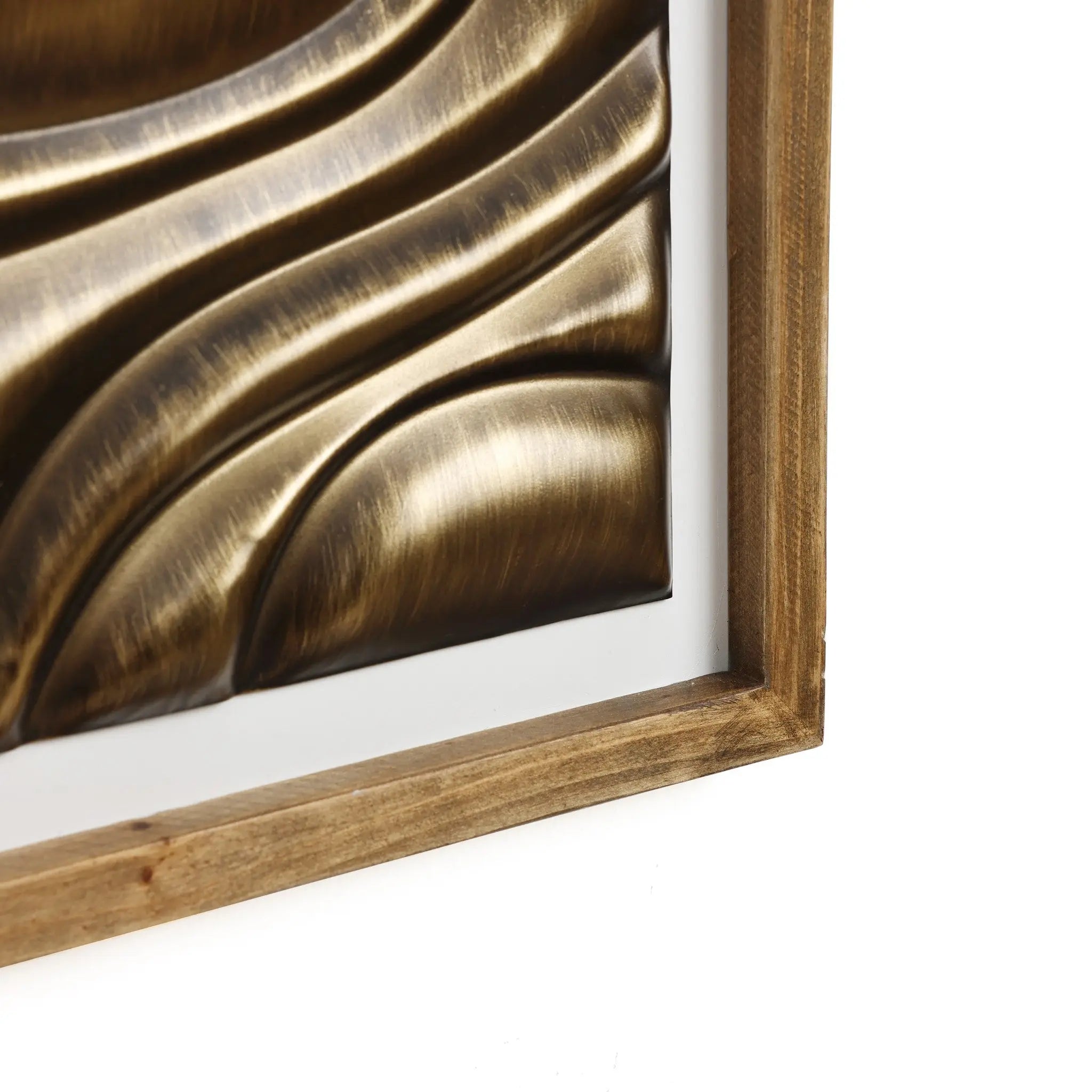 Textured bronze artwork with wavy patterns and hints of gold, encased in a wooden frame, creating a striking piece of modern home decor.