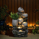 3-Tier Gray Pots on Stacked Rocks Polyresin Outdoor Water Fountain with Lights and Gray Side Planter - LuxenHome