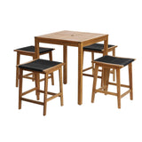 This counter height dining table boasts a slatted top made from FSC-certified acacia wood, paired with four matching bar stools featuring dark cushioned seats. Perfect for your patio, this outdoor dining set brings both elegance and sustainability to any gathering space.
