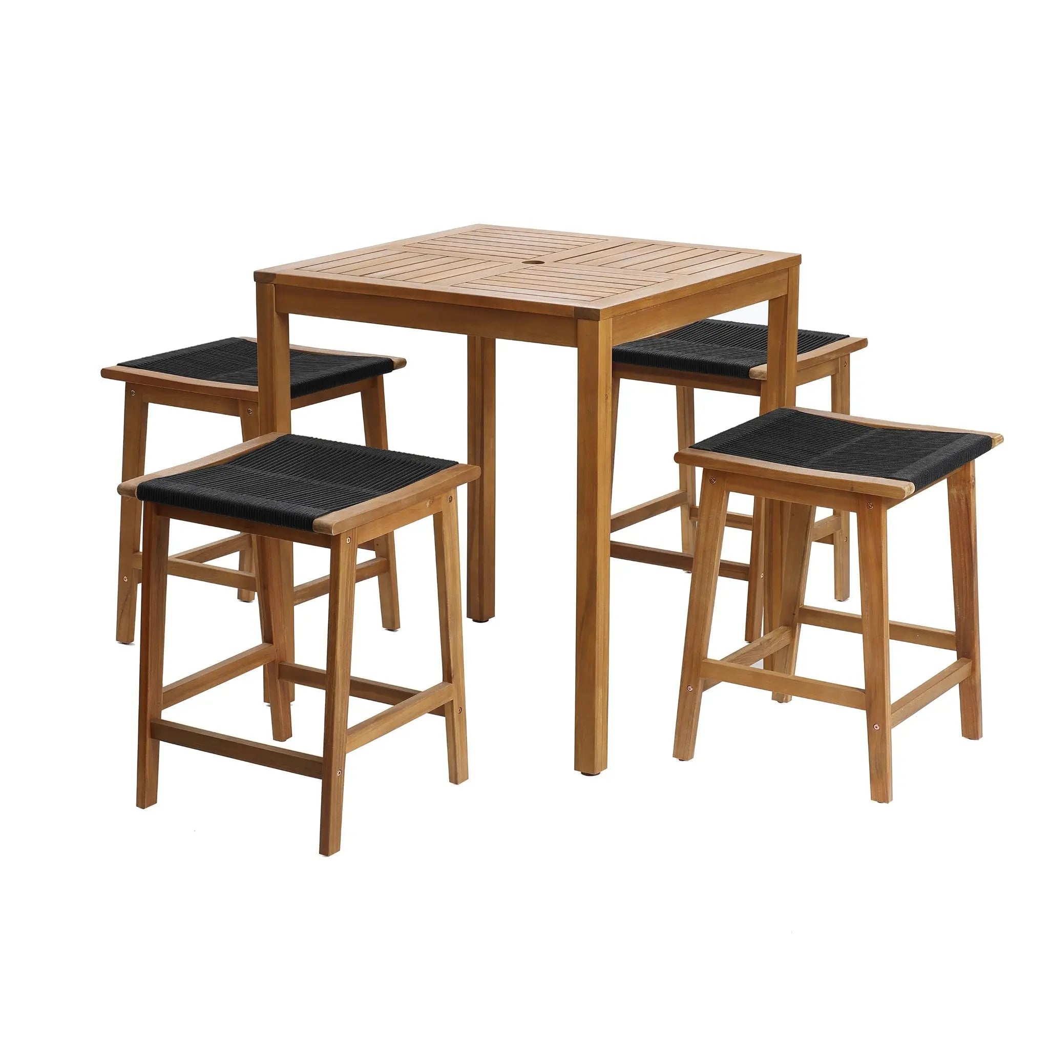 This counter height dining table boasts a slatted top made from FSC-certified acacia wood, paired with four matching bar stools featuring dark cushioned seats. Perfect for your patio, this outdoor dining set brings both elegance and sustainability to any gathering space.