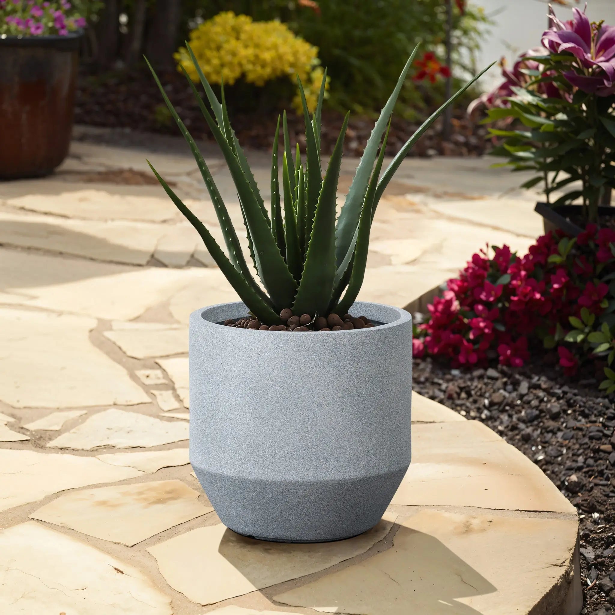 A spiky green plant sits in a modern minimalist planter made of high-quality MGO material. It rests on a stone patio, surrounded by flowering plants and garden mulch.