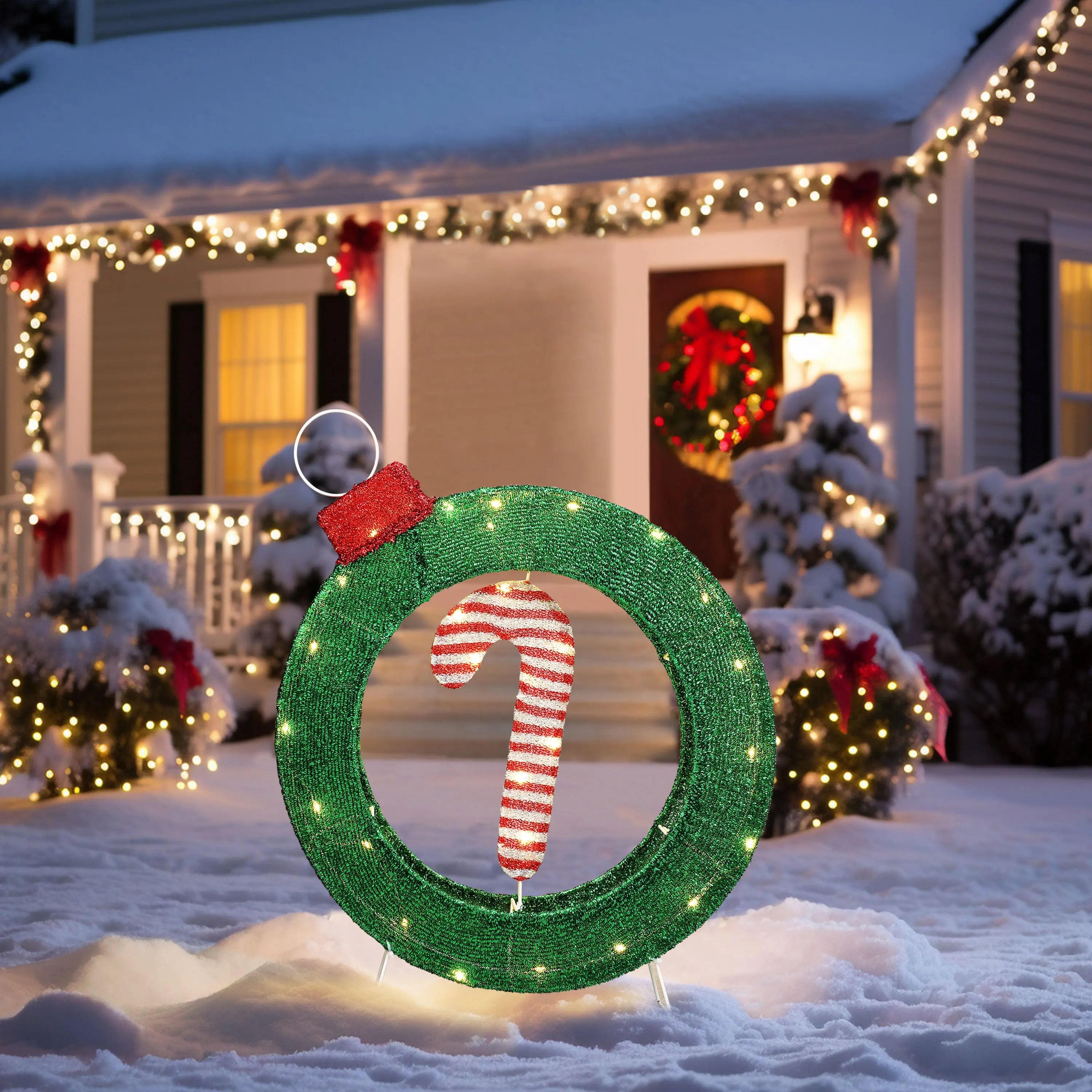Candy cane lighted wreath outdoor christmas decoration, 1.9 ft tall - LuxenHome