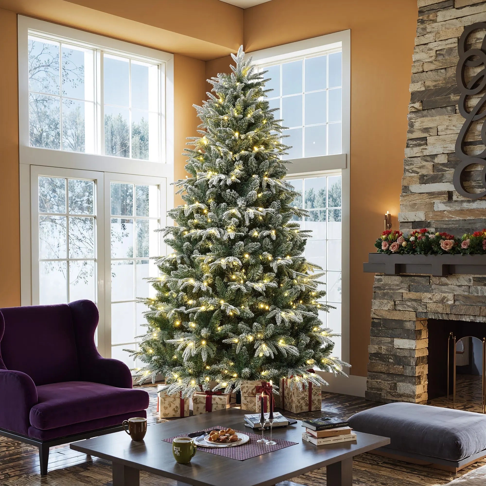 LuxenHome 7Ft Pre-Lit Flocked Fraser Fir Full Artificial Christmas Tree LuxenHome 7Ft Pre-Lit Flocked Fraser Fir Full Artificial Christmas Tree