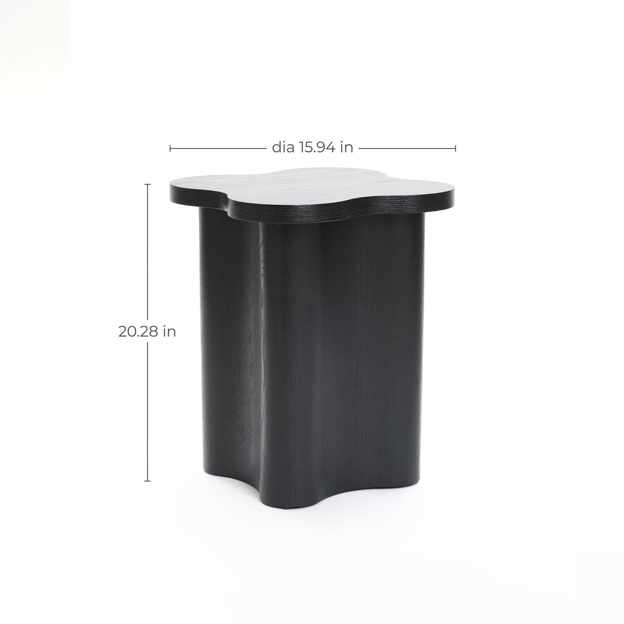 Black cloverleaf shape sculptural side table with a wavy-edge top, crafted from premium MDF wood, measuring 15.94 inches in diameter and 20.28 inches high, displayed against a white background.