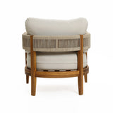 A round lounge chair with a wooden frame, woven rope backrest, and weather-resistant cushions, shown from the back against a plain white background.
