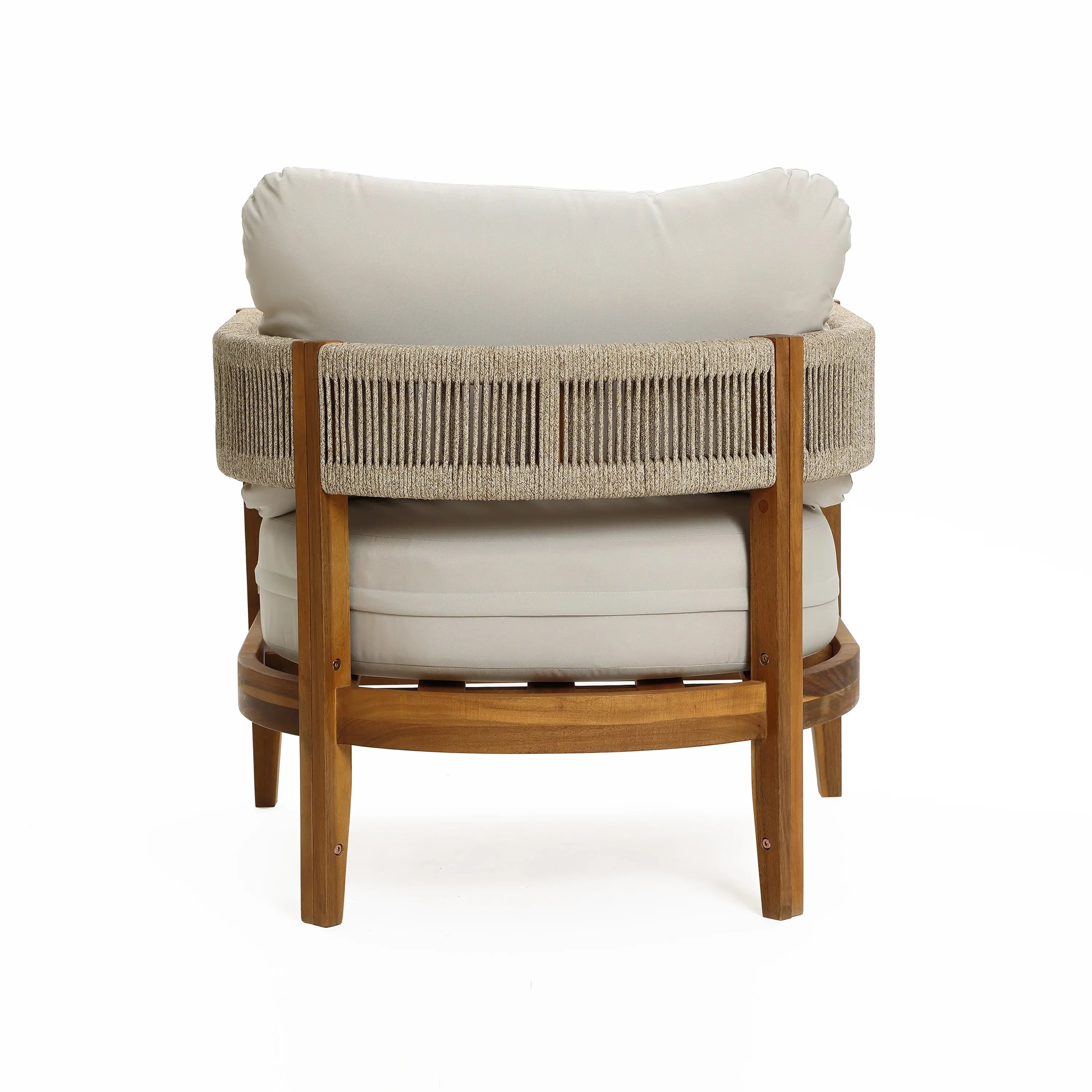 A round lounge chair with a wooden frame, woven rope backrest, and weather-resistant cushions, shown from the back against a plain white background.