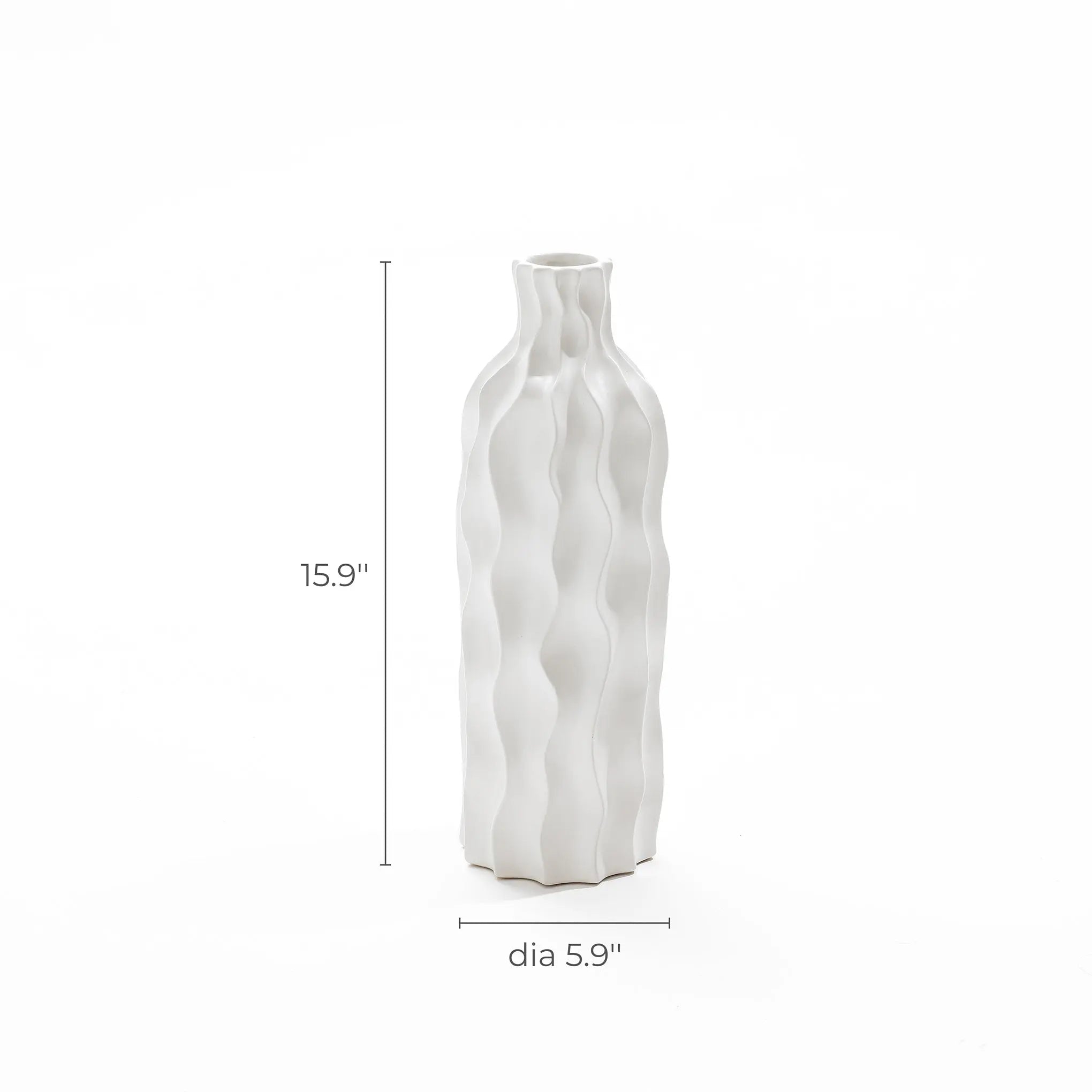 Elegant ceramic vase in a wavy design, with dimensions marked: height 15.9 inches and diameter 5.9 inches, making it a versatile piece for any space.