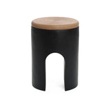Black with Natural Rattan Finish Cement U-Shaped Base Outdoor Patio Side Table - LuxenHome