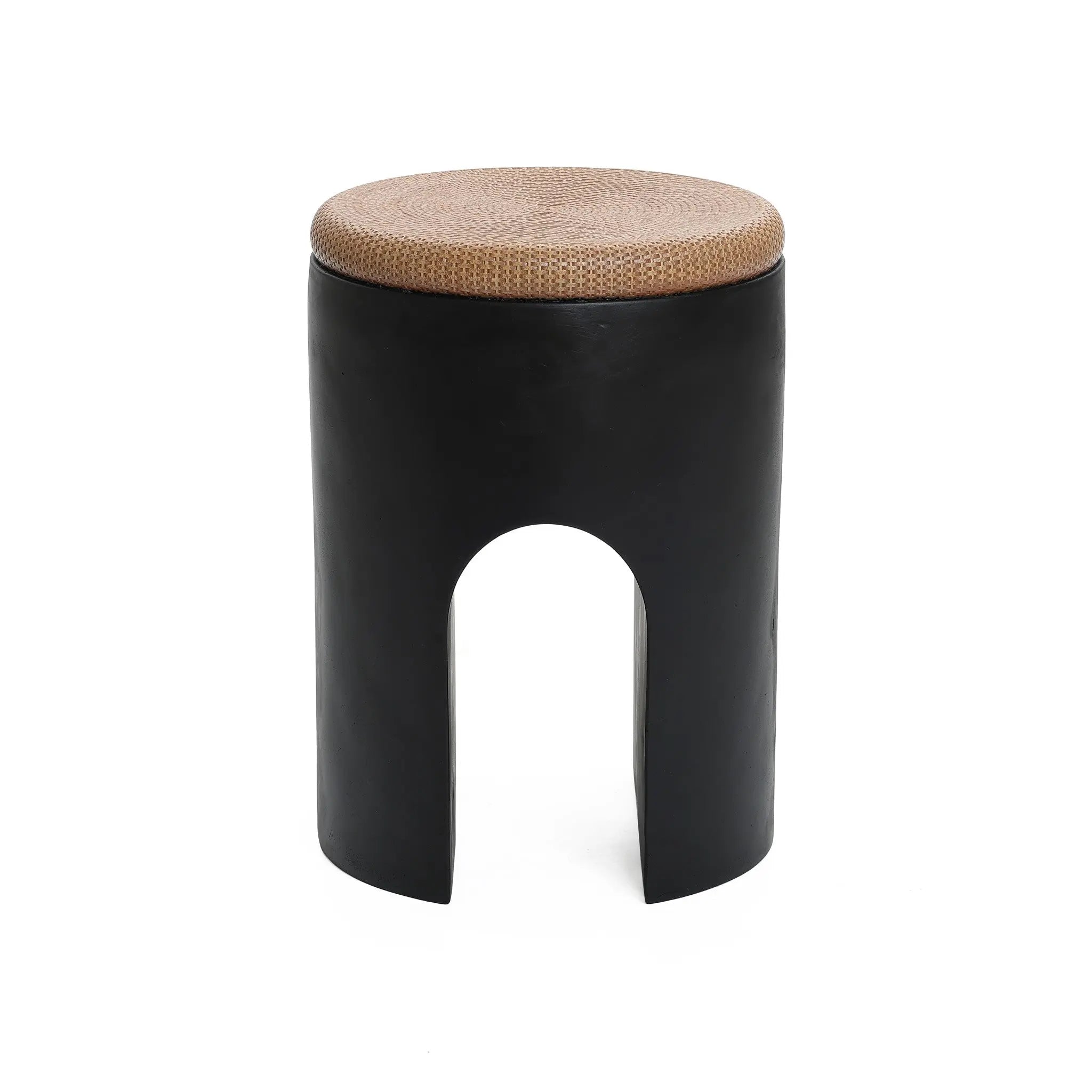 Black with Natural Rattan Finish Cement U-Shaped Base Outdoor Patio Side Table - LuxenHome