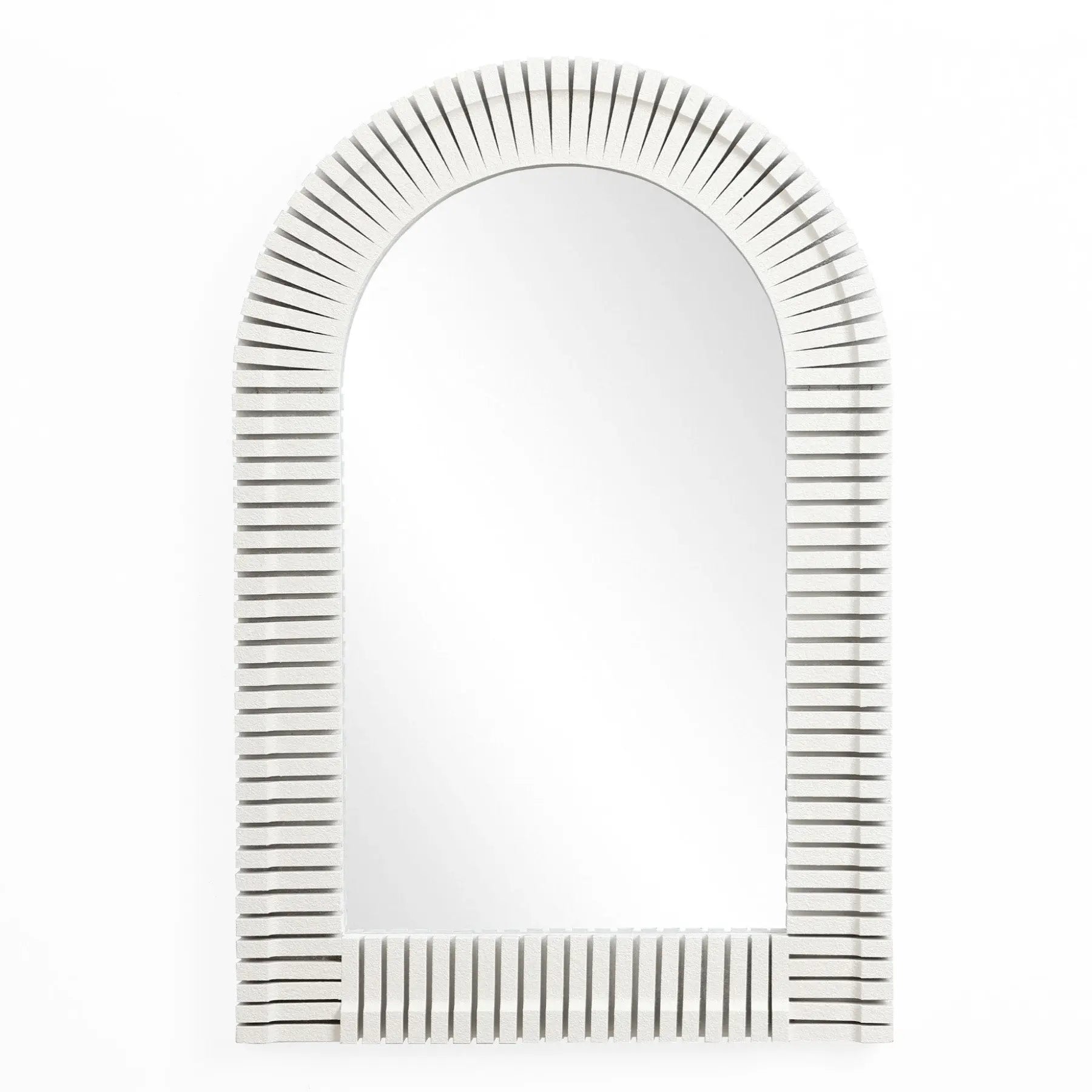 A stylish home decor piece, this white wall mirror features an arched rectangular design with a lined border, set elegantly against a clean white background.
