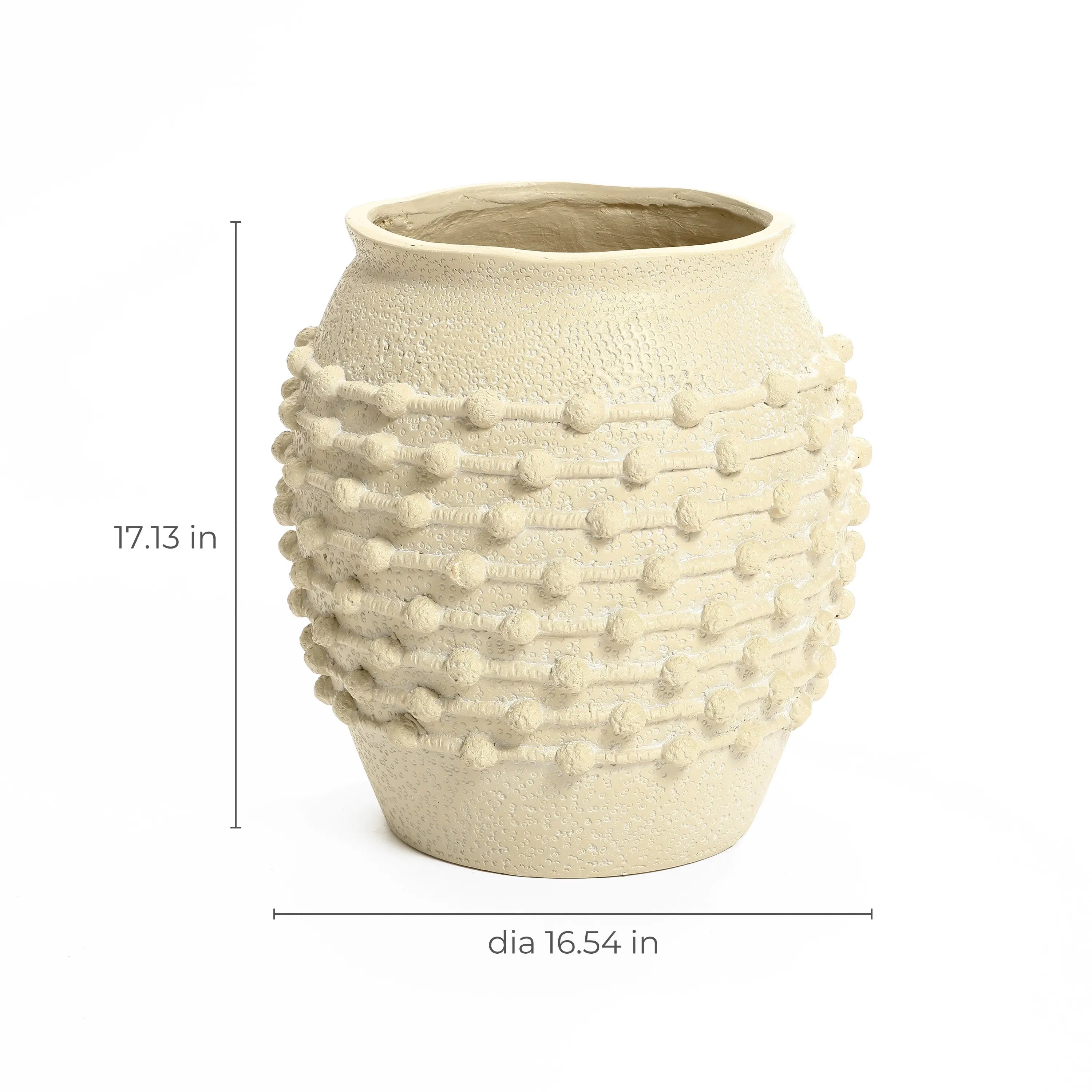 A boho planter with beige textured detailing, this ceramic vase stands 17.13 inches tall and measures 16.54 inches in diameter.
