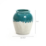 A ceramic vase with a rustic design features a turquoise glazed top and a beige bottom, measuring 11.4 inches in height and 10.2 inches in diameter.