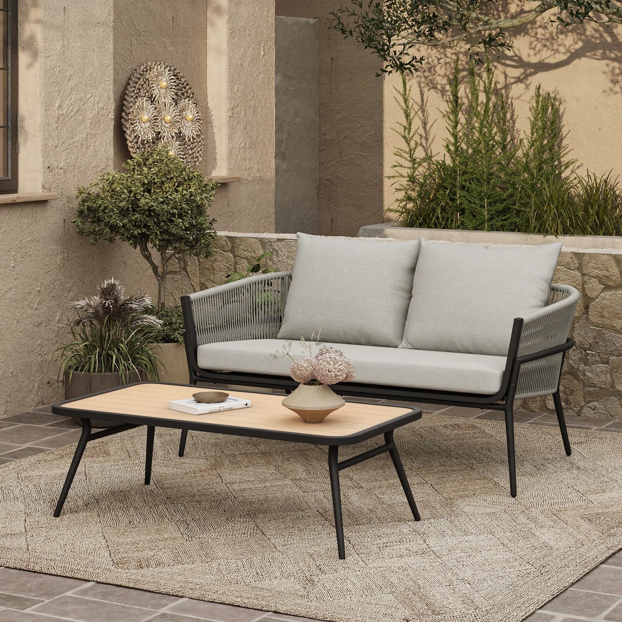 Ventura outdoor aluminum with PE rope loveseat & coffee table set - LuxenHome