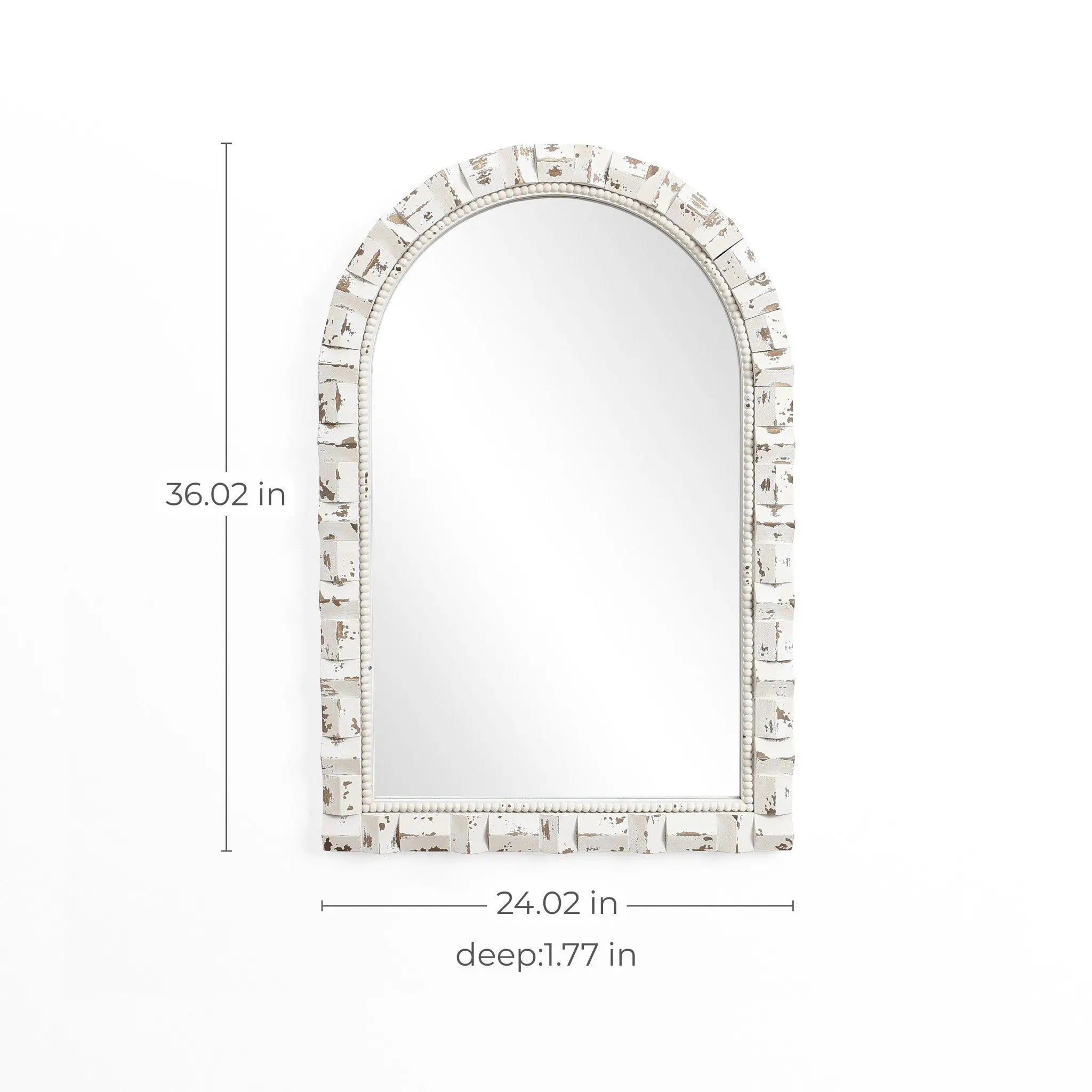 This vintage wall mirror features a white, patterned frame and offers a charming touch to your home decoration. Measuring 36.02 inches tall, 24.02 inches wide, and 1.77 inches deep, this arched rectangular mirror adds elegance to any room.